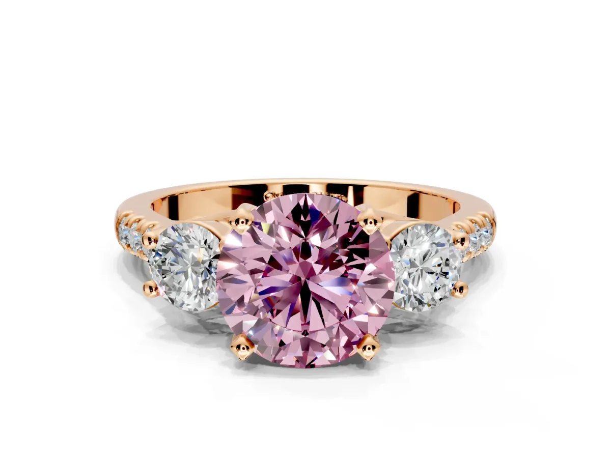 3 Stone Engagement Ring Setting for Fancy Pink Round Cut Center with Crossover Basket, Pave Band and Prong Head in Rose Gold