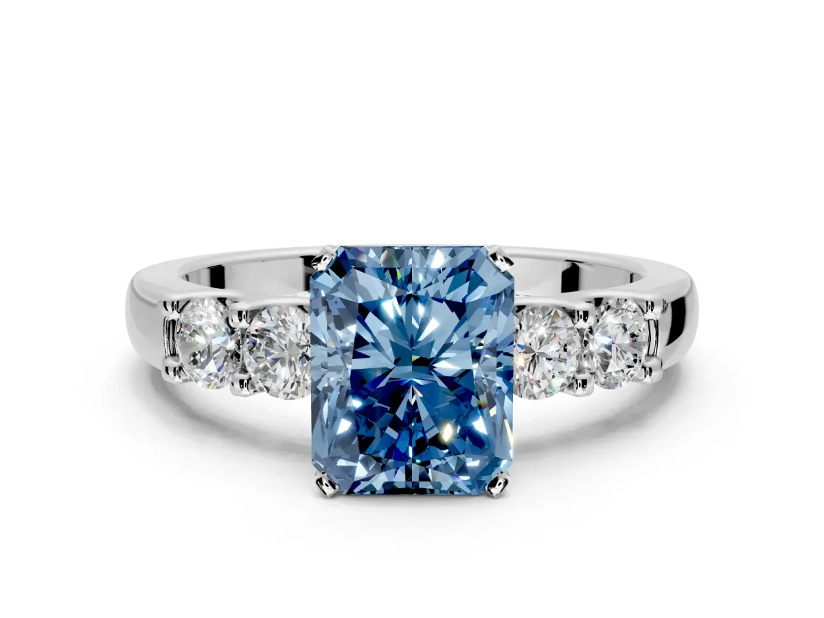 5 Stone Engagement Ring Setting for Fancy Blue Radiant Cut Center with Plain Band and Prong Head in White Gold