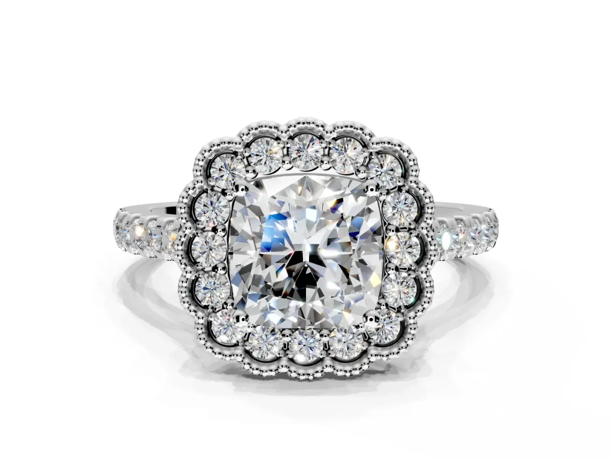 Milgrain Floral Halo Engagement Ring Setting for Cushion Cut Center with Pave Band and Prong Head in White Gold