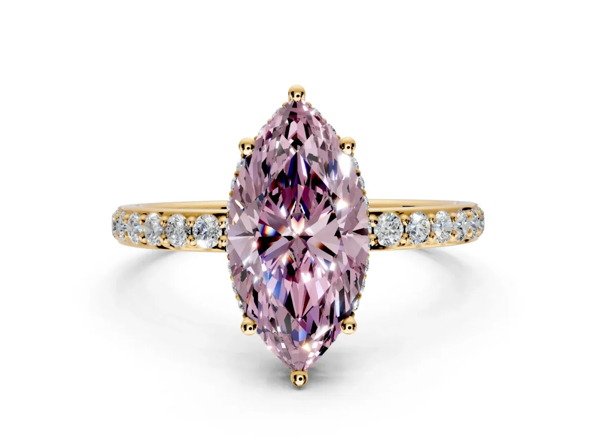 Hidden Halo Engagement Ring Setting for Fancy Pink Marquise Center with Pave Band and Prong Head in Yellow Gold