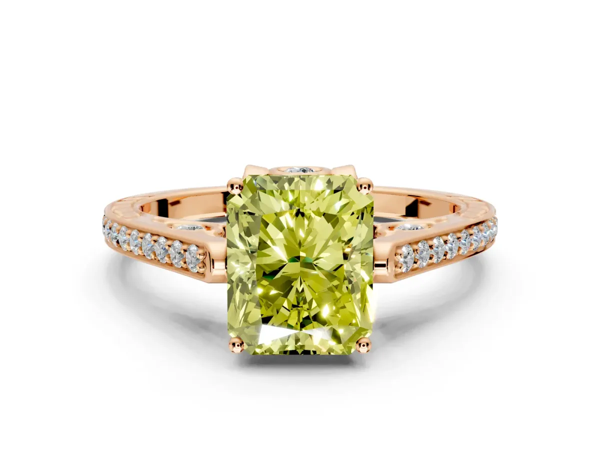 Cathedral Engagement Ring Setting for Fancy Yellow Radiant Cut Center with Antique-Style Pave Band and Prong Head in Rose Gold