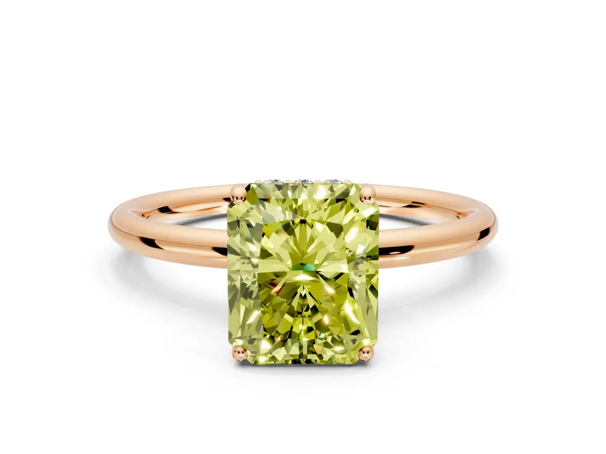 Solitaire Engagement Ring Setting for Fancy Yellow Radiant Cut Center with Plain Band, Open Basket and Prong Head in Rose Gold
