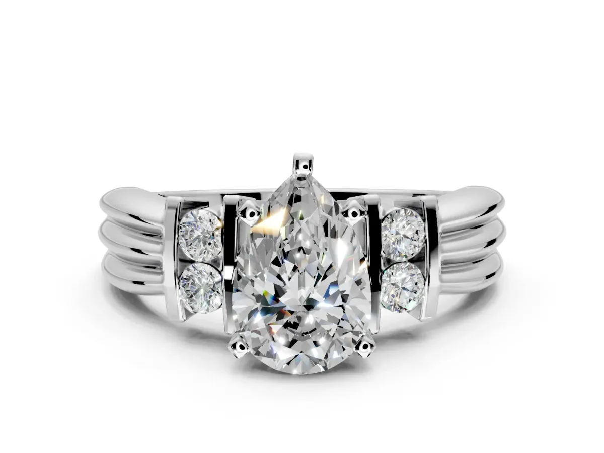 Solitaire Engagement Ring Setting for Pear-Shaped Center with Grooved Bar Accent Band and Prong Head in Platinum