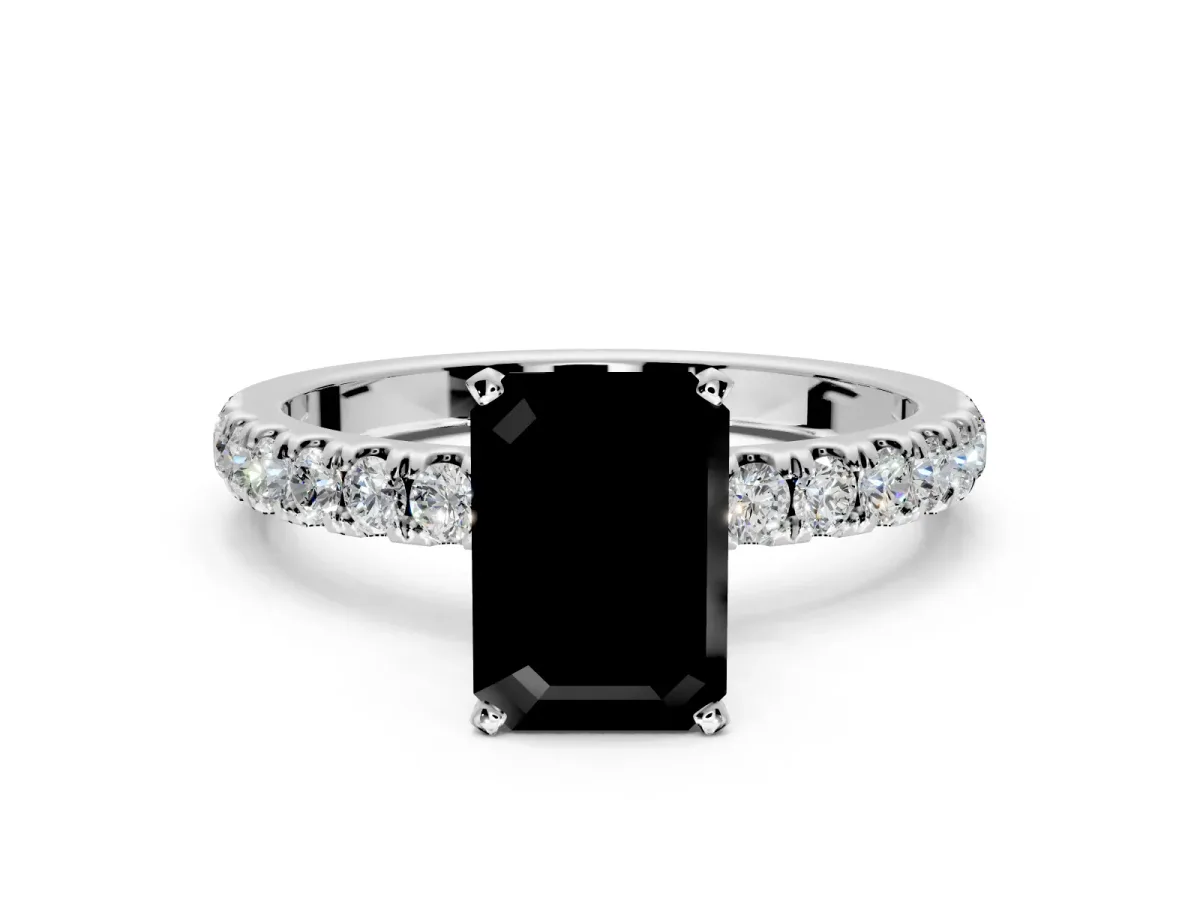 Open Basket Engagement Ring Setting for Fancy Black Emerald Cut Center with Pave Band and Prong Head in Platinum
