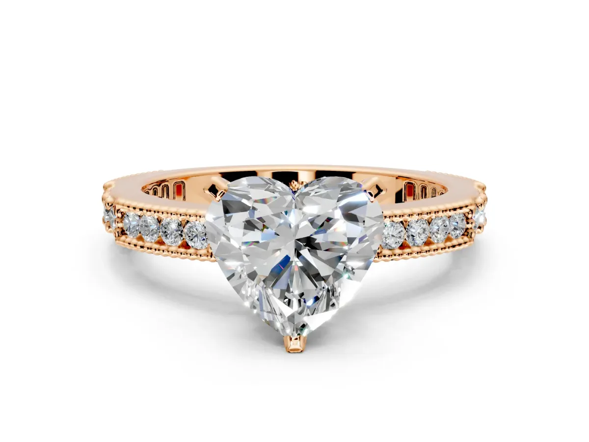 Solitaire Engagement Ring Setting for Heart-Shaped Center with Milgrain-Edged Pave Band and Prong Head in Rose Gold