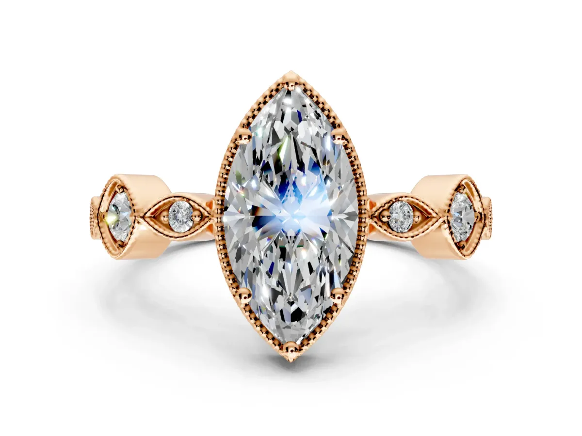 Vintage Station Engagement Ring Setting for Marquise Center with Accents and Prong Head in Rose Gold