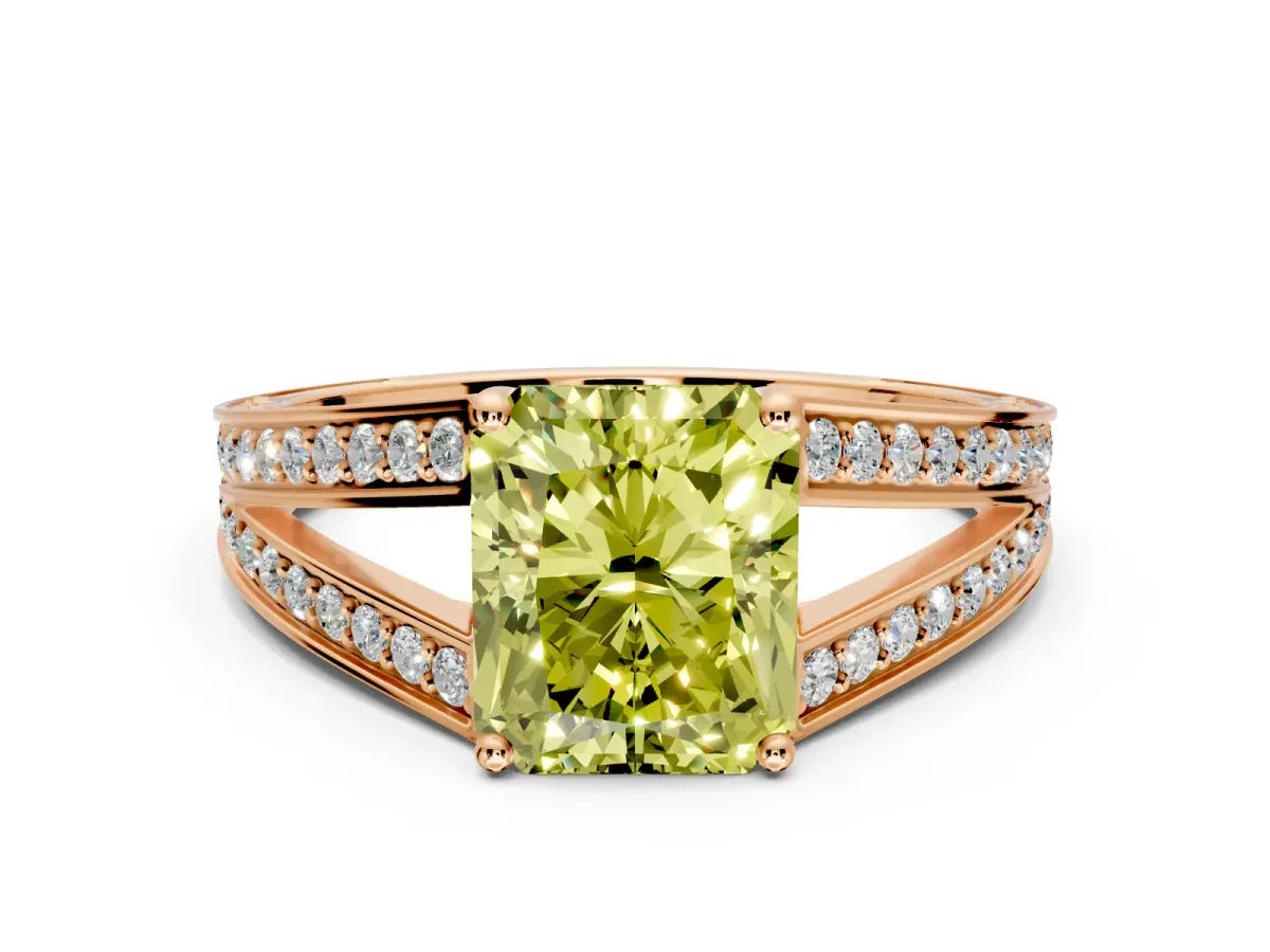 Split Shank Engagement Ring Setting for Fancy Yellow Radiant Cut Center with Pave Split Shank and Prong Head in Rose Gold