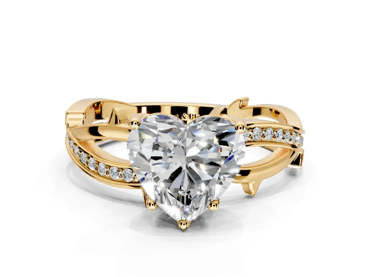 Solitaire Engagement Ring Setting for Heart-Shaped Center with Pave and Plain Crossover Band and Prong Head in Yellow Gold