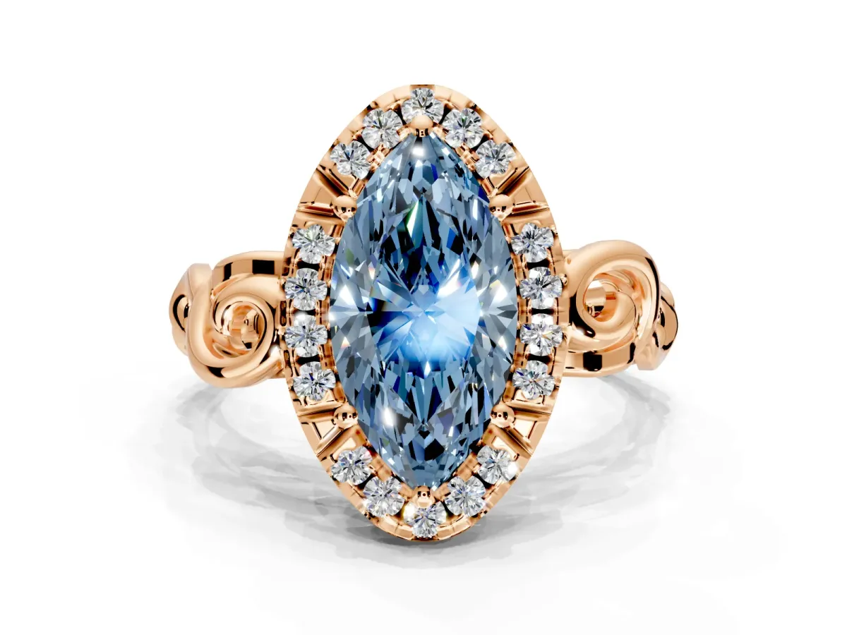Halo Engagement Ring Setting for Fancy Blue Marquise Center with Open Scroll Shoulders and Prong Head in Rose Gold