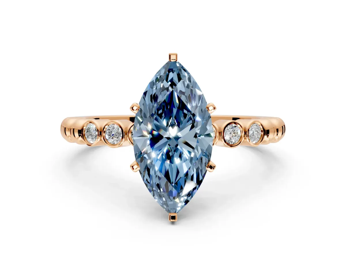 Solitaire Engagement Ring Setting for Fancy Blue Marquise Center with Bezel-Dot Beaded Band and Prong Head in Rose Gold