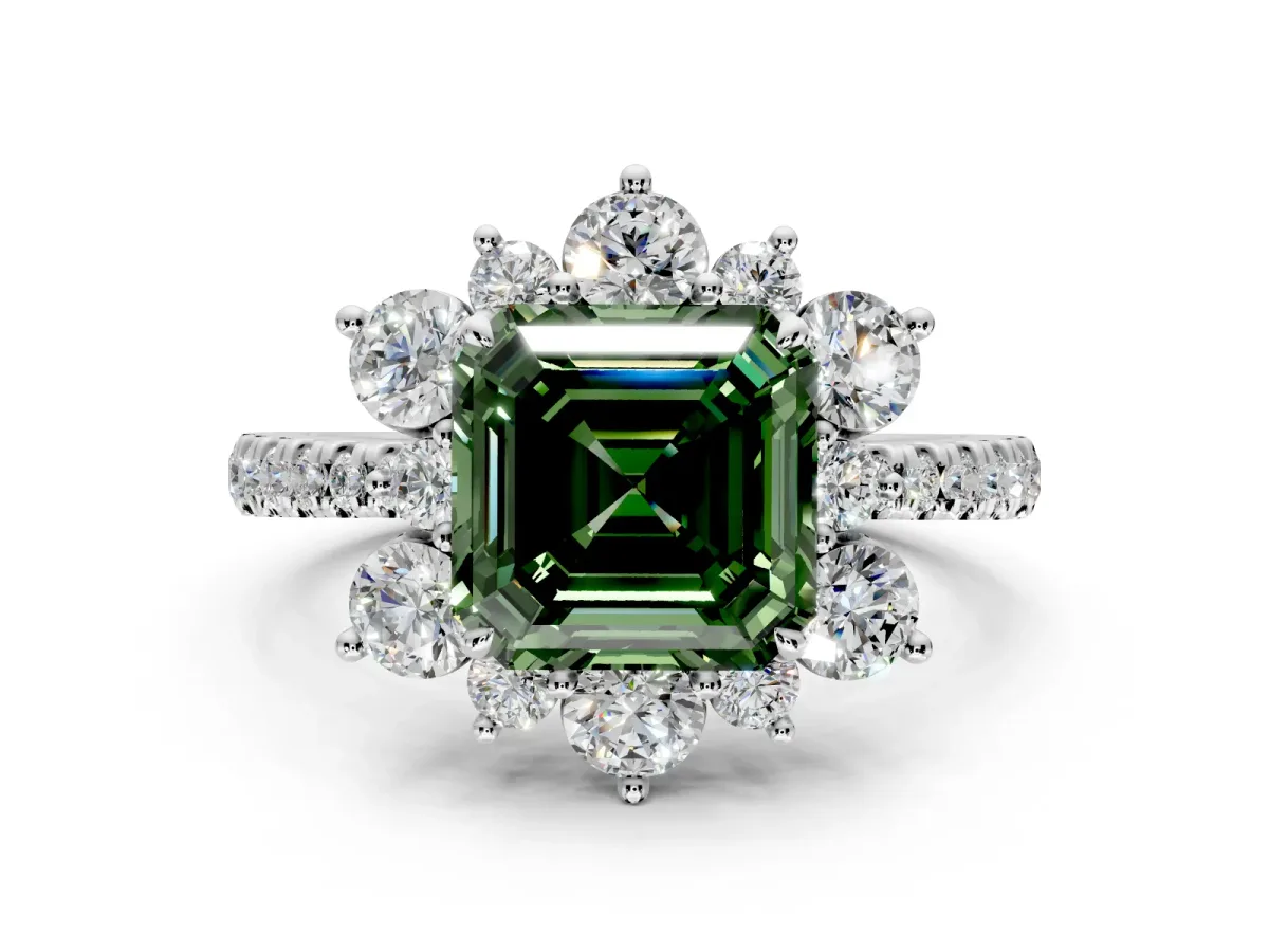 Floral Halo Engagement Ring Setting for Fancy Green Asscher Cut Center with Pave Accents and Prong Head in Sterling Silver