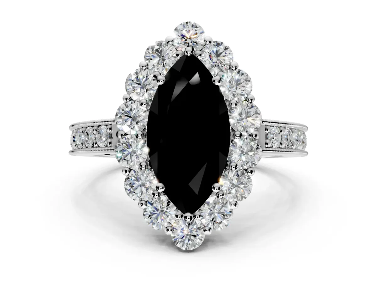 Halo Engagement Ring Setting for Fancy Black Marquise Center with Milgrain Channel Band and Prong Head in White Gold