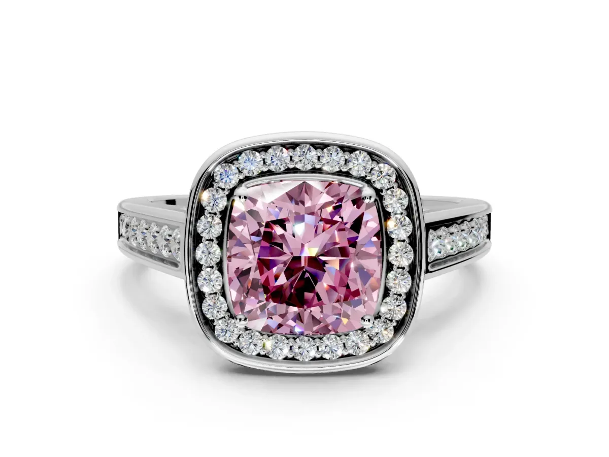 Halo Engagement Ring Setting for Fancy Pink Cushion Cut Center with Outer Bezel Rim, Pave Band and Prong Head in Platinum