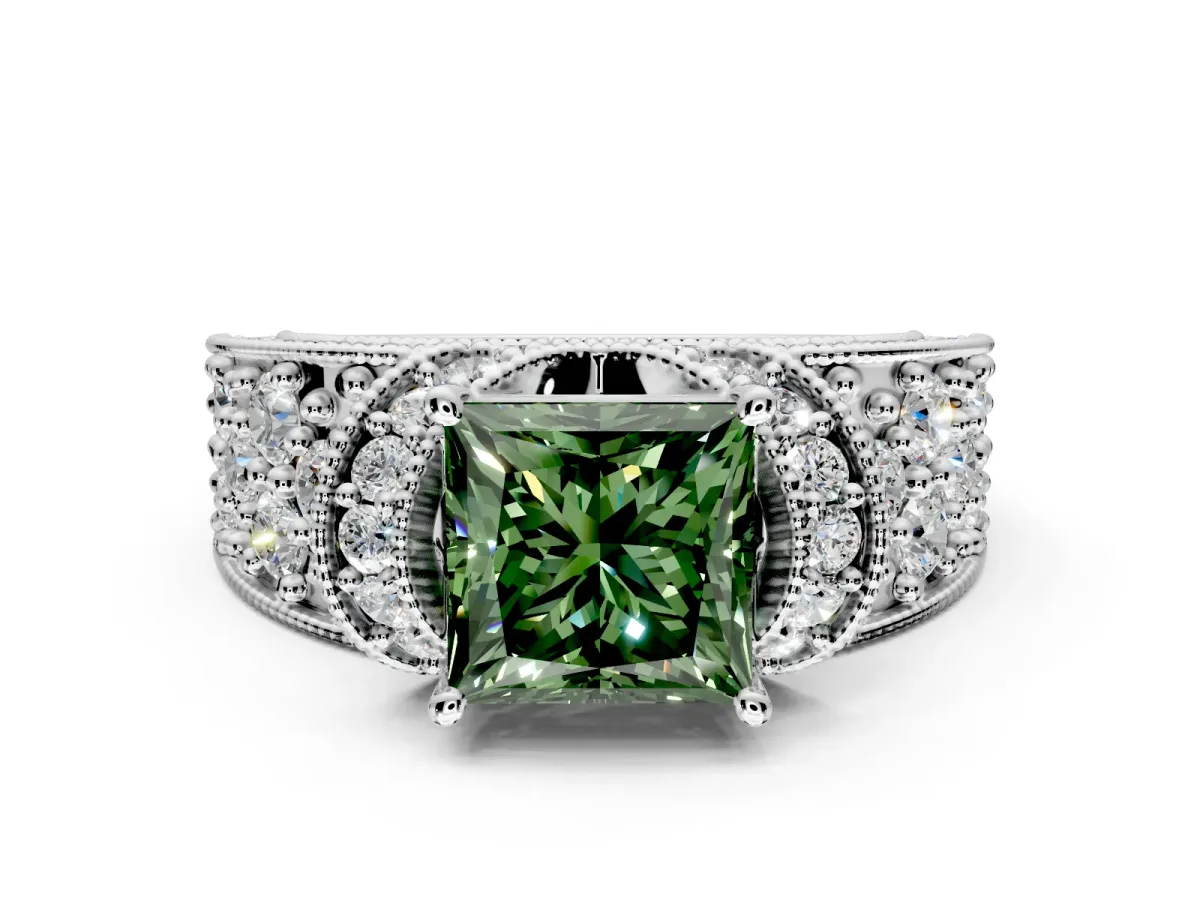 Pave Engagement Ring Setting for Fancy Green Princess Cut Center with Curved Accent Rows, Openwork and Prong Head in Sterling Silver