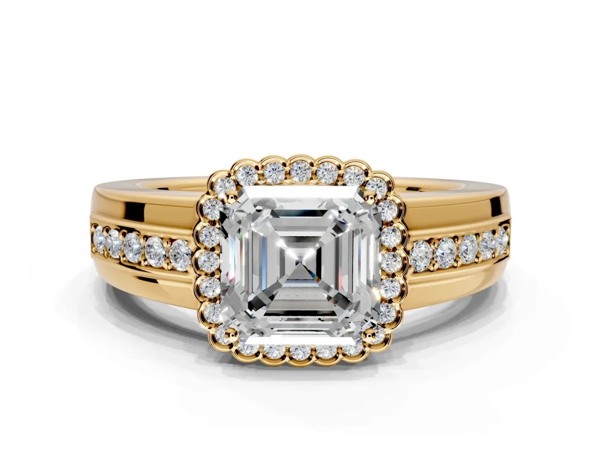Halo Engagement Ring Setting for Asscher Cut Center with Wide Band, Inlaid Accent Row and Prong Head in Yellow Gold