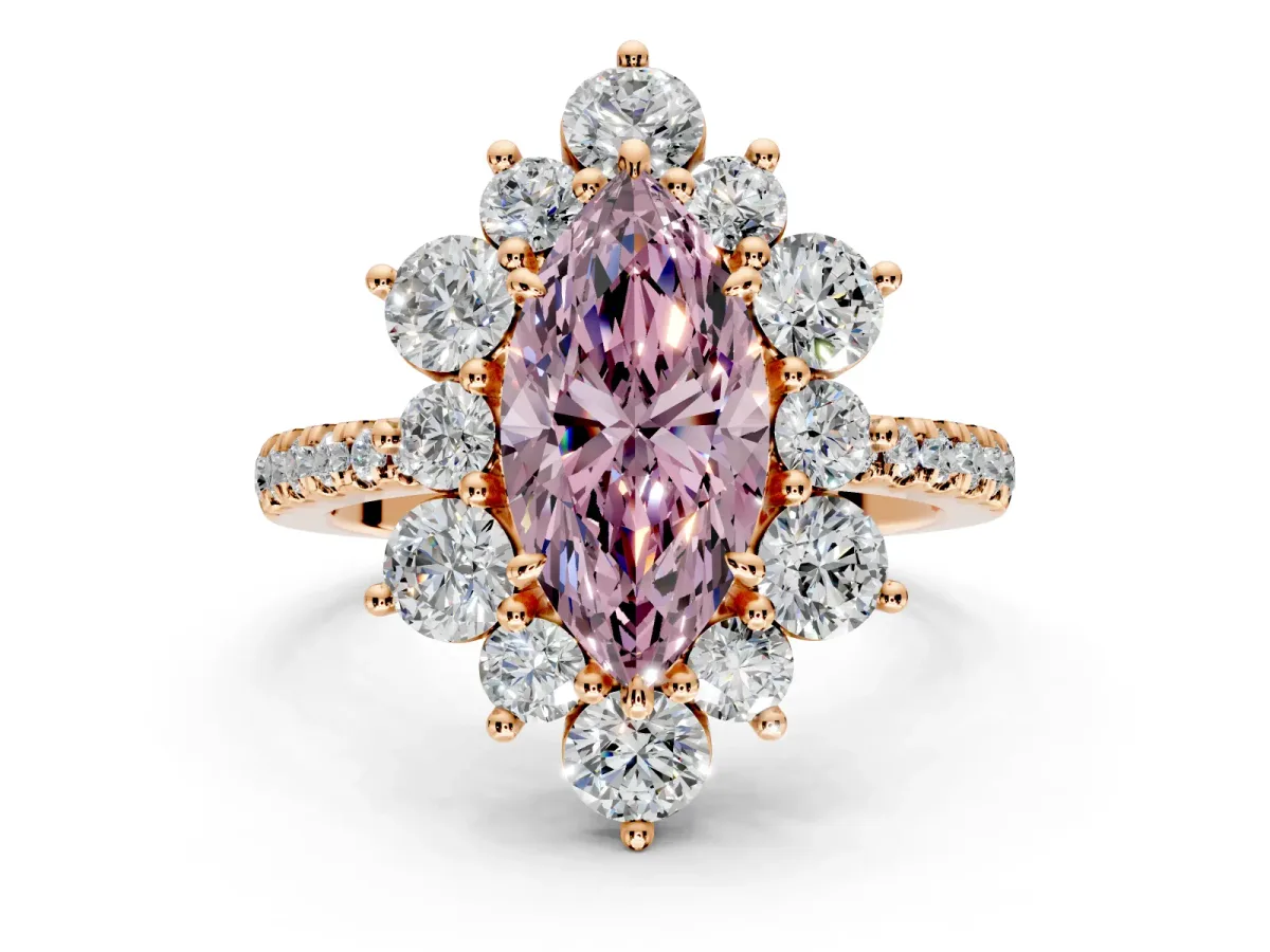 Floral Halo Engagement Ring Setting for Fancy Pink Marquise Center with Pave Accents and Prong Head in Rose Gold