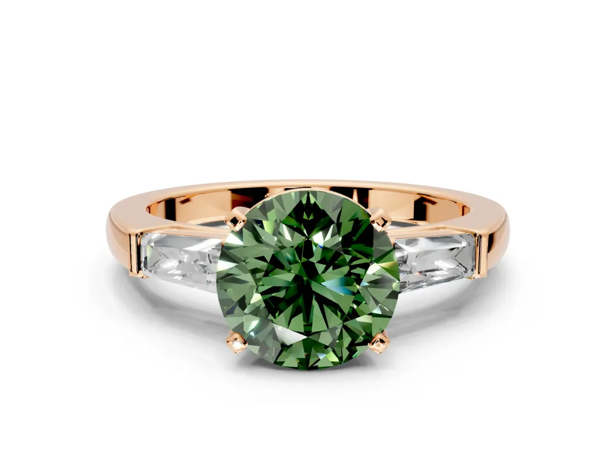 3 Stone Engagement Ring Setting for Fancy Green Round Cut Center with Tapered Baguettes, Plain Band and Prong Head in Rose Gold