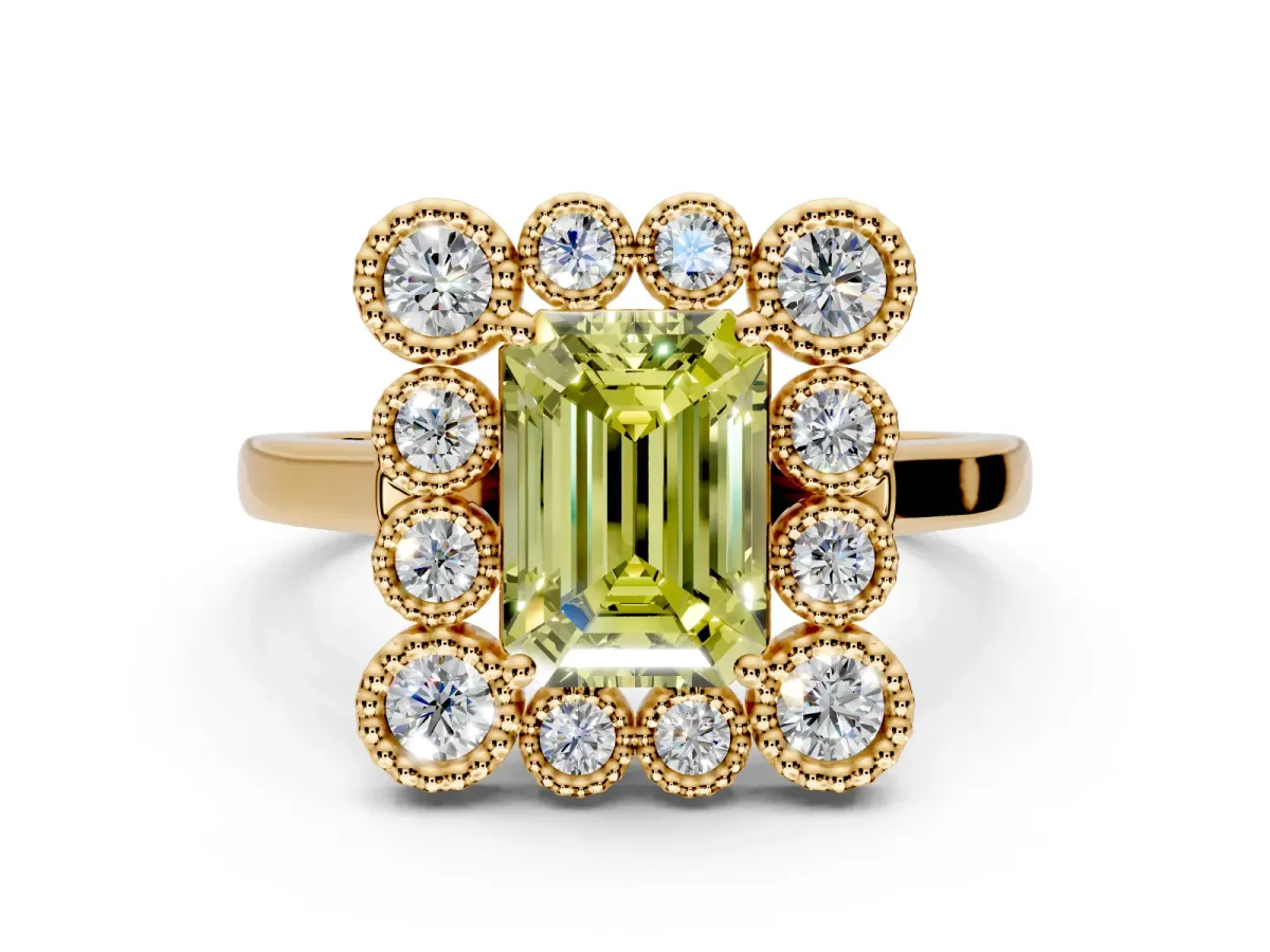 Cluster Halo Engagement Ring Setting for Fancy Yellow Emerald Cut Center with Milgrain Bezel Accents and Prong Head in Yellow Gold