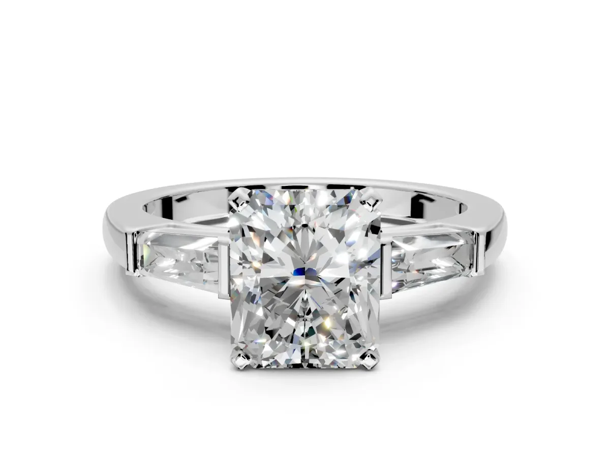 3 Stone Engagement Ring Setting for Radiant Cut Center with Tapered Baguettes, Plain Band and Prong Head in Platinum