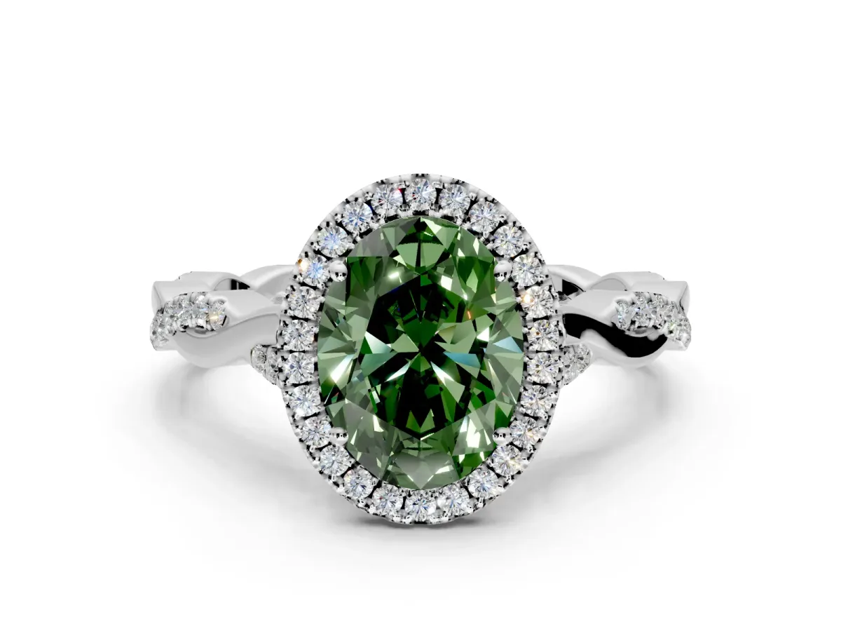 Halo Engagement Ring Setting for Fancy Green Oval Center with Twist Band and Prong Head in White Gold