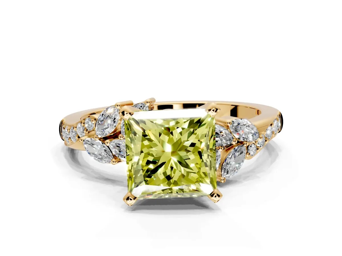 Solitaire Engagement Ring Setting for Fancy Yellow Princess Cut Center with Marquise Accent Twist Band and Prong Head in Yellow Gold