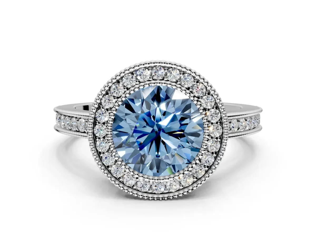 Halo Engagement Ring Setting for Fancy Blue Round Cut Center with Milgrain Halo, Pave Band and Prong Head in Sterling Silver