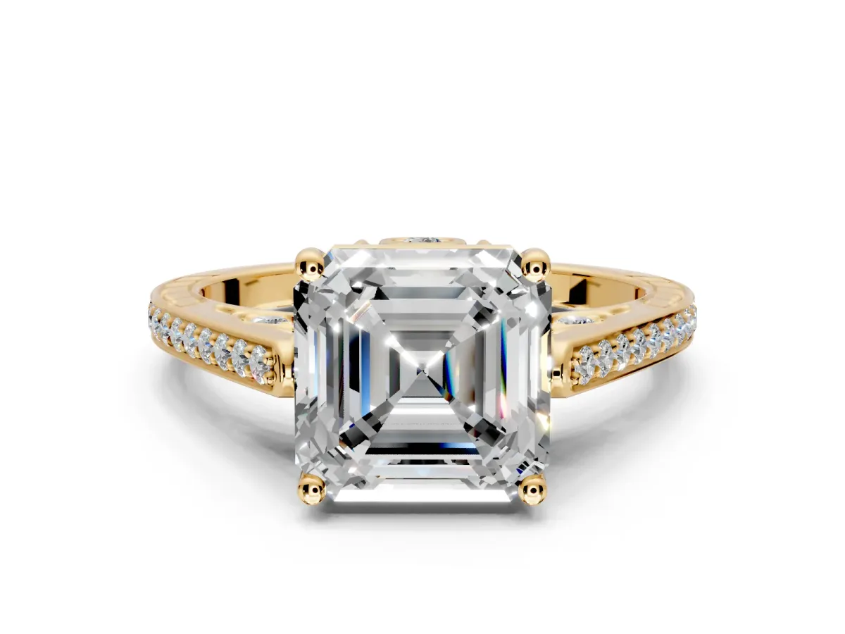 Cathedral Engagement Ring Setting for Asscher Cut Center with Antique-Style Pave Band and Prong Head in Yellow Gold