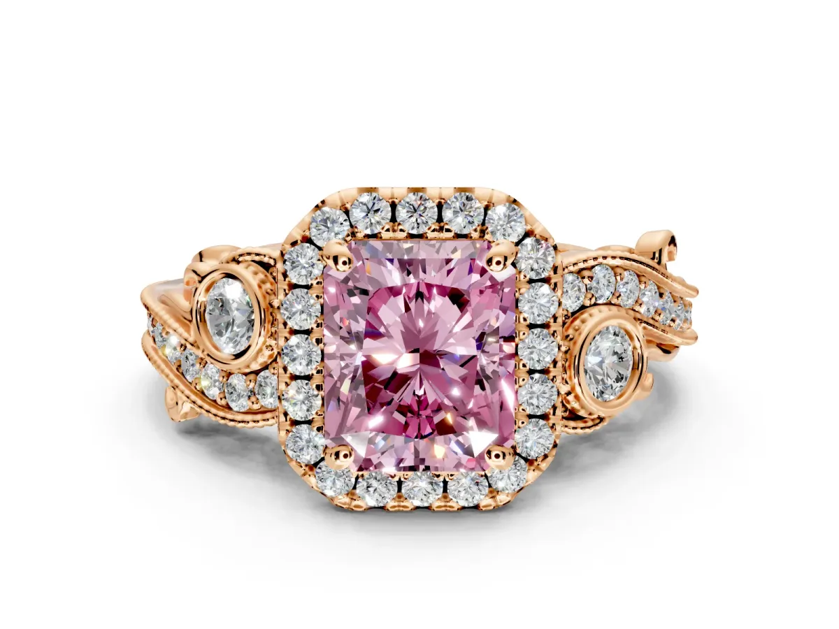 Milgrain Halo Engagement Ring Setting for Fancy Pink Radiant Cut Center with Shoulder Bezels and Prong Head in Rose Gold
