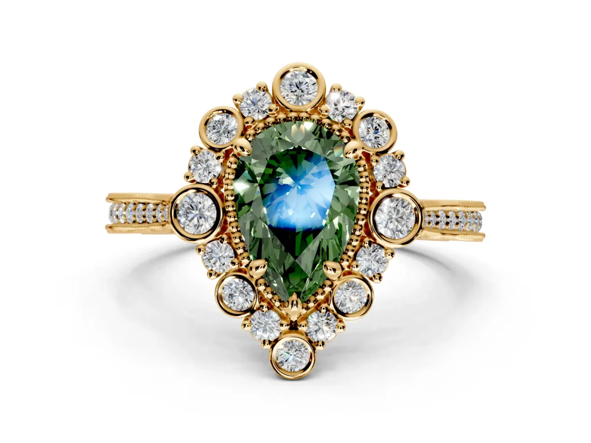 Milgrain Halo Engagement Ring Setting for Fancy Green Pear-Shaped Center with Bezel Point Accents and Prong Head in Yellow Gold