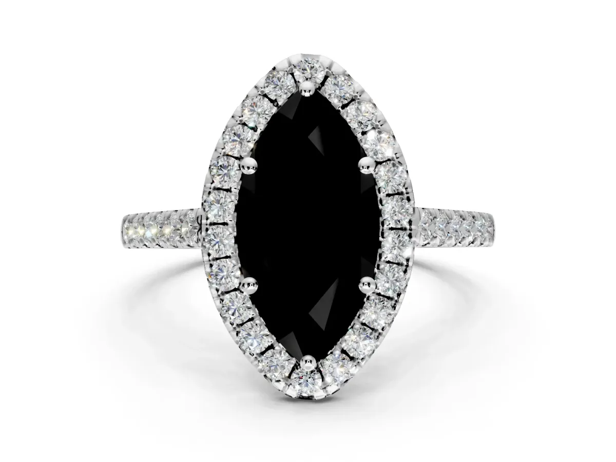 Halo Engagement Ring Setting for Fancy Black Marquise Center with Narrowing Pave Band and Prong Head in Sterling Silver