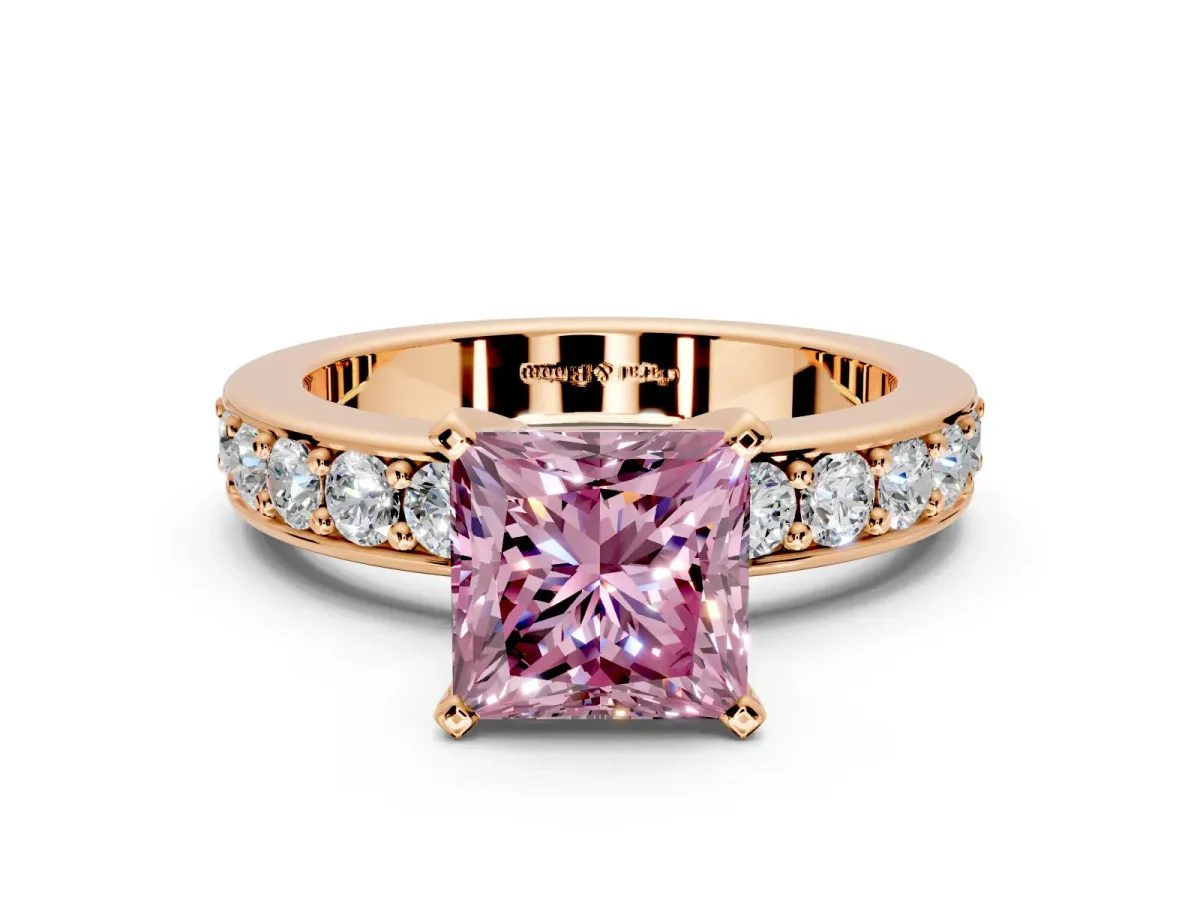 Solitaire Engagement Ring Setting for Fancy Pink Princess Cut Center with Channel-Set Accents and Prong Head in Rose Gold