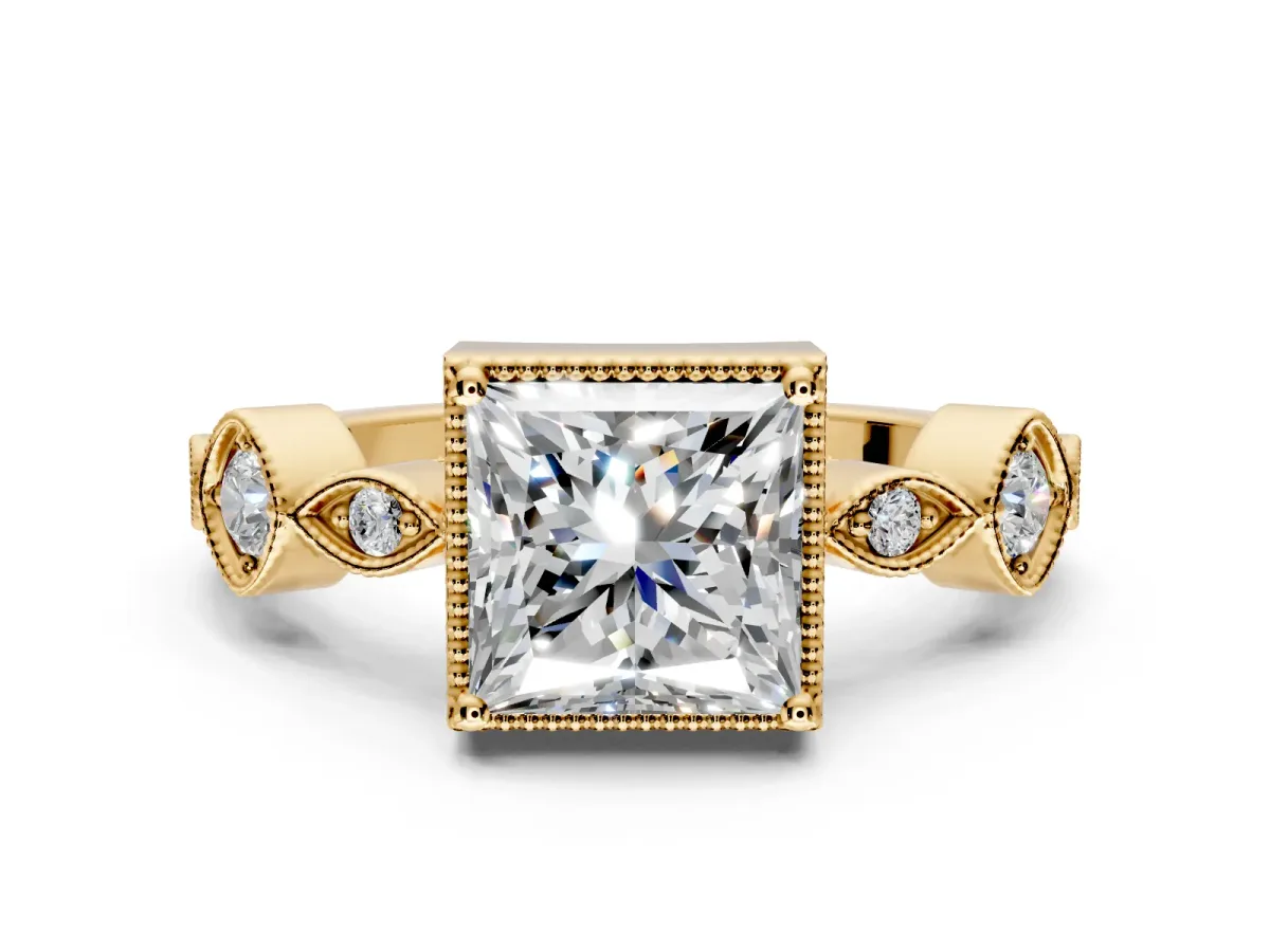 Vintage Station Engagement Ring Setting for Princess Cut Center with Accents and Prong Head in Yellow Gold