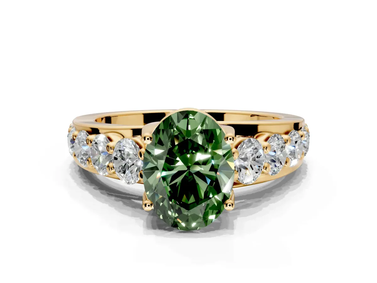 Solitaire Engagement Ring Setting for Fancy Green Oval Center with Graduated Shared Prongs and Prong Head in Yellow Gold