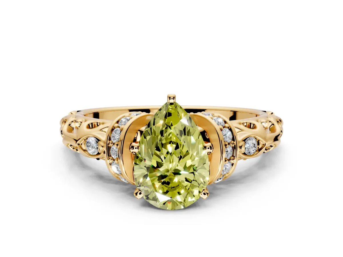 Solitaire Engagement Ring Setting for Fancy Yellow Pear-Shaped Center with Filigree Band and Prong Head in Yellow Gold