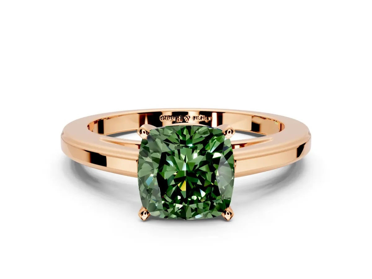 Solitaire Engagement Ring Setting for Fancy Green Cushion Cut Center with Flat-Sided Plain Band and Prong Head in Rose Gold