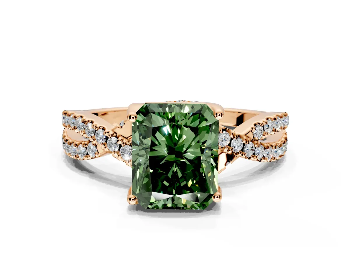 Solitaire Engagement Ring Setting for Fancy Green Radiant Cut Center with Narrow Twist Pave Band and Prong Head in Rose Gold