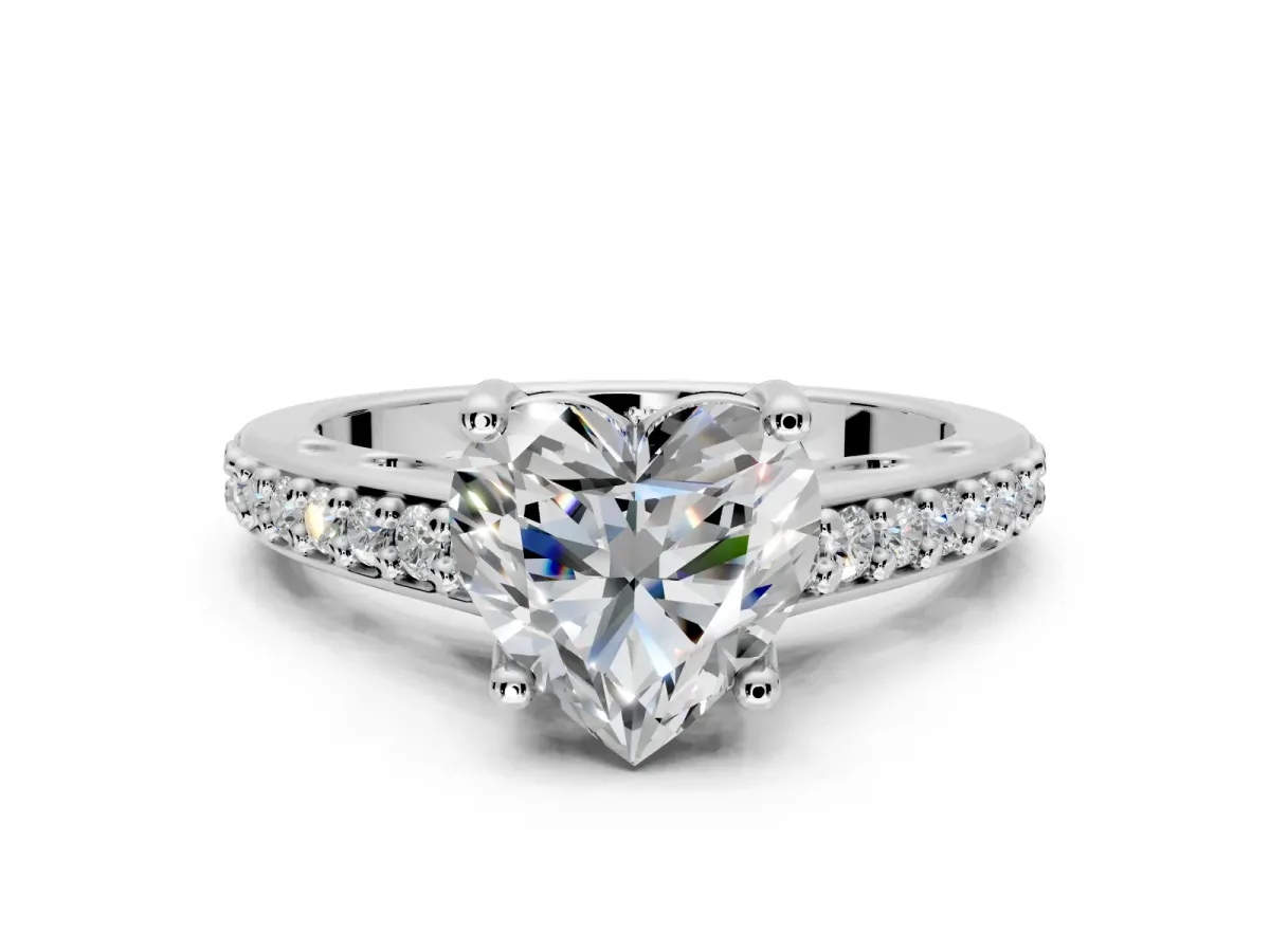 Solitaire Engagement Ring Setting for Heart-Shaped Center with Pave Cathedral Band and Prong Head in Sterling Silver
