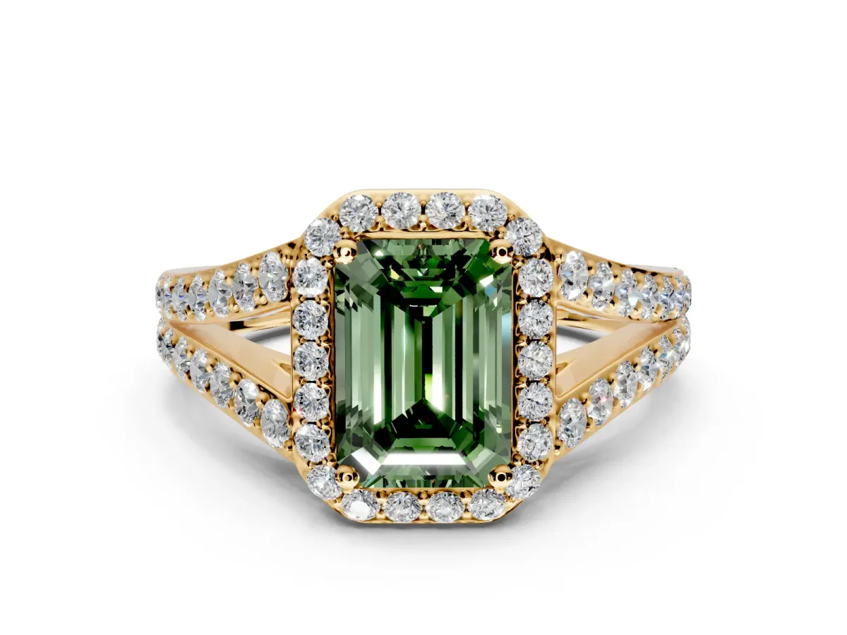 Halo Engagement Ring Setting for Fancy Green Emerald Cut Center with Narrow Pave Split Shank and Prong Head in Yellow Gold