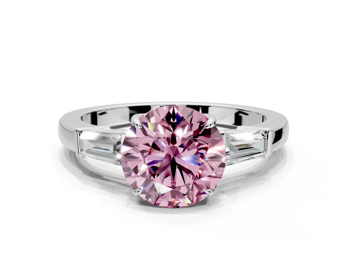 3 Stone Engagement Ring Setting for Fancy Pink Round Cut Center with Baguette Accents and Prong Head in Sterling Silver
