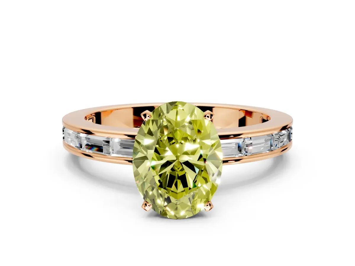 Solitaire Engagement Ring Setting for Fancy Yellow Oval Center with Channel Baguette Band and Prong Head in Rose Gold