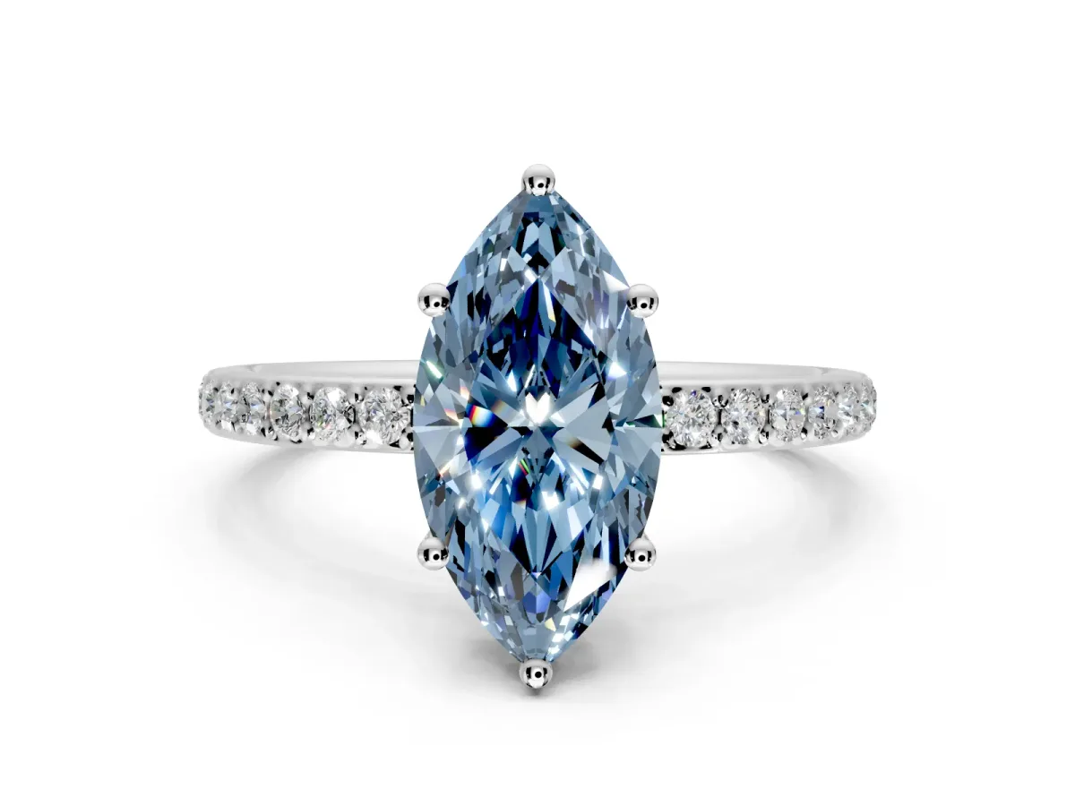 Solitaire Engagement Ring Setting for Fancy Blue Marquise Center with Fine Pave Band and Prong Head in Platinum