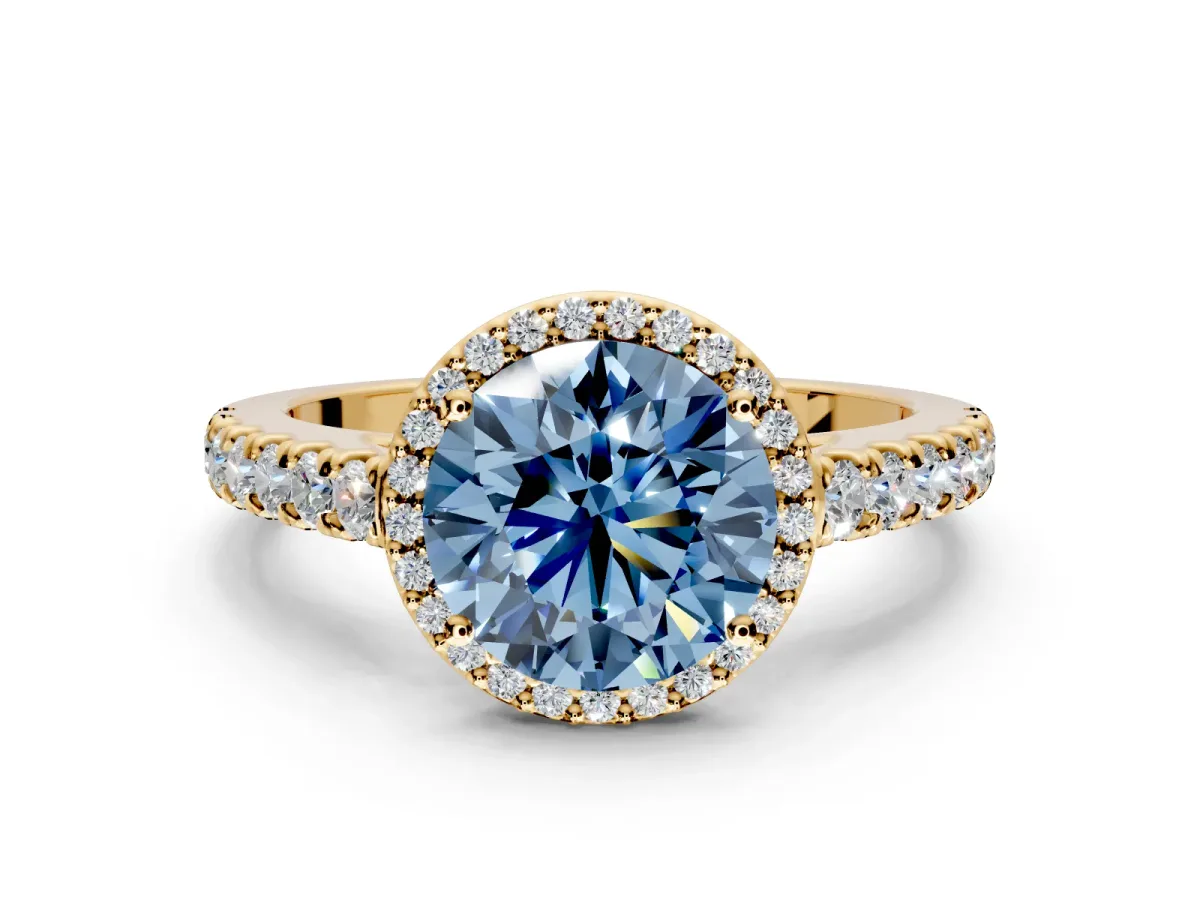 Halo Engagement Ring Setting for Fancy Blue Round Cut Center with Full Pave Band and Prong Head in Yellow Gold