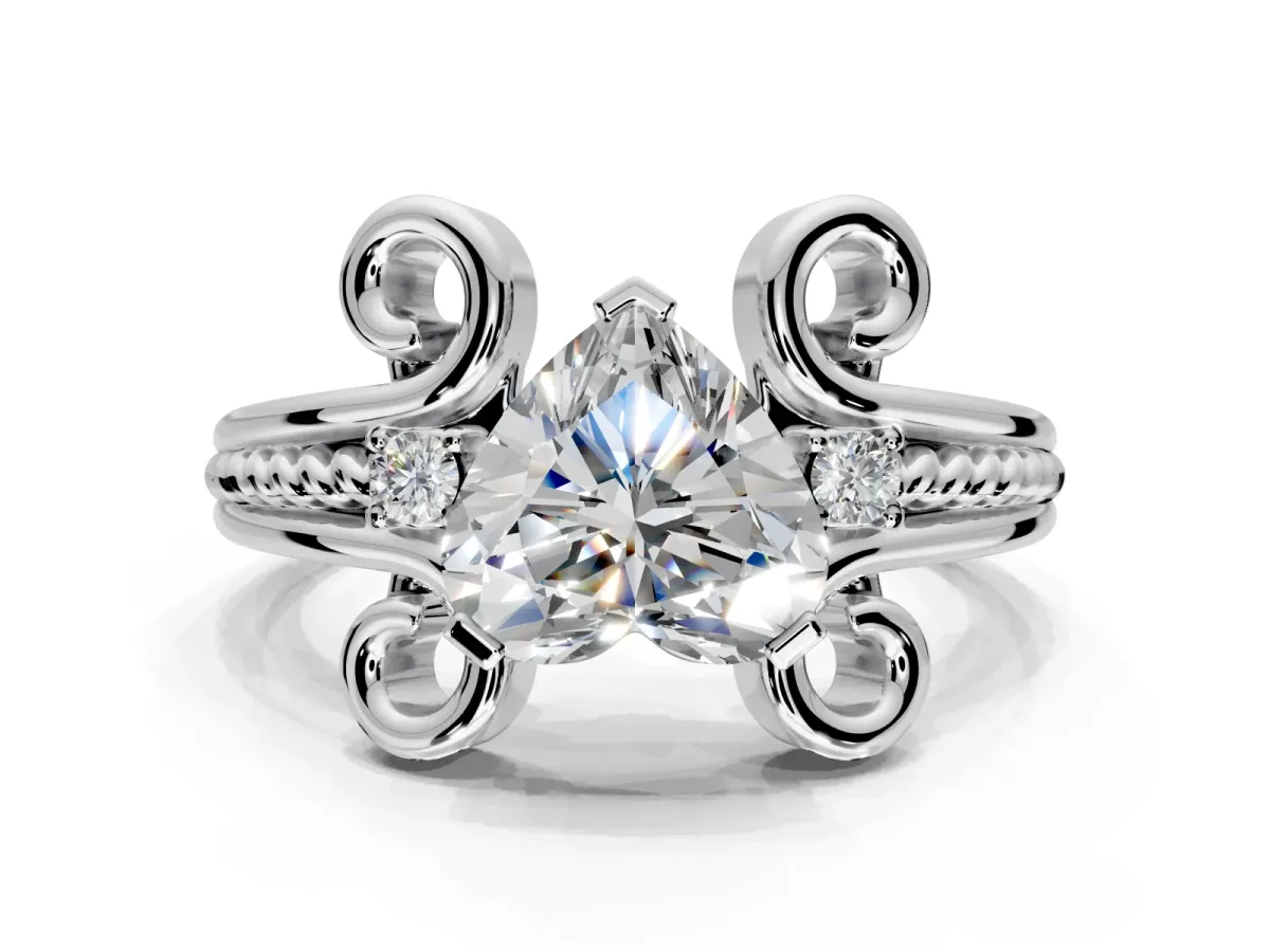 Solitaire Engagement Ring Setting for Heart-Shaped Center with Twisted Band and Scroll Prong Head in Platinum