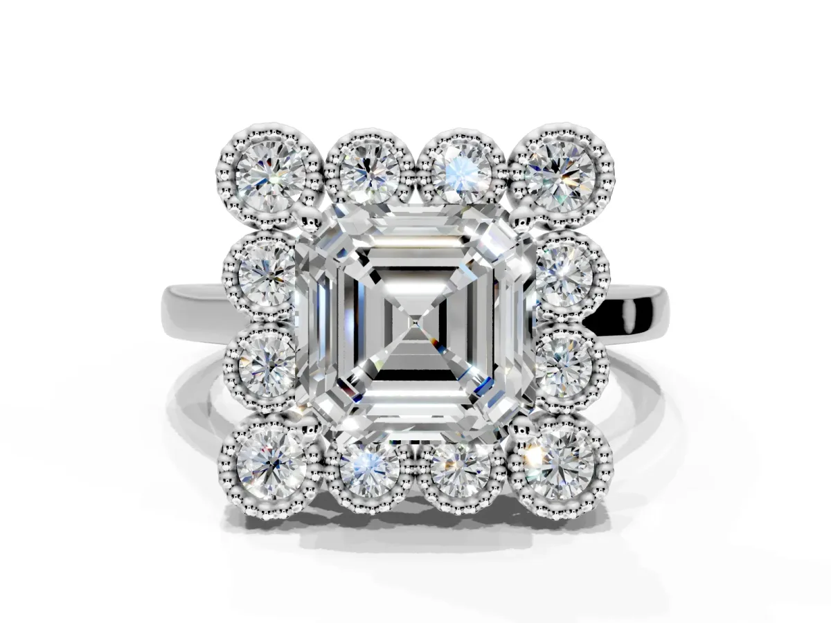 Cluster Halo Engagement Ring Setting for Asscher Cut Center with Milgrain Bezel Accents and Prong Head in Platinum