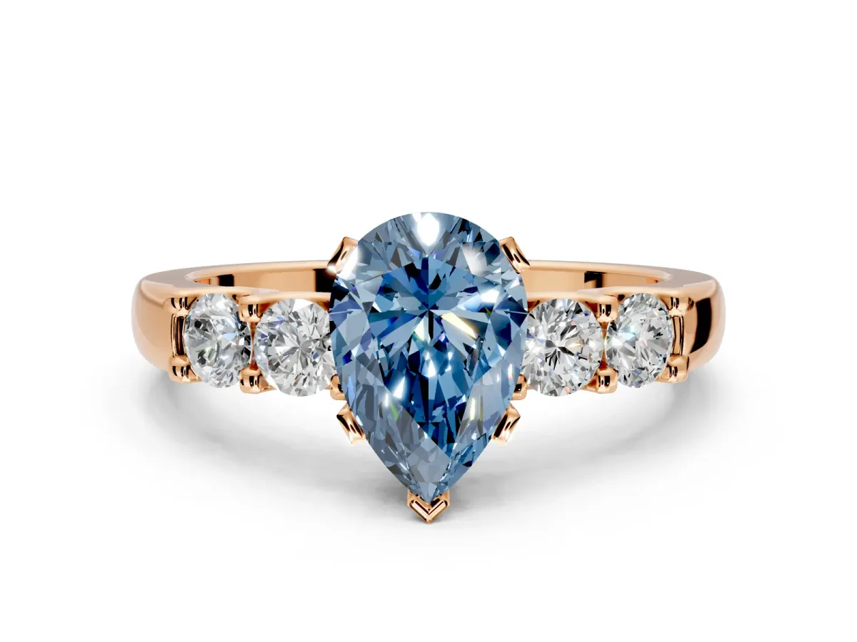 5 Stone Engagement Ring Setting for Fancy Blue Pear-Shaped Center with Plain Band and Prong Head in Rose Gold