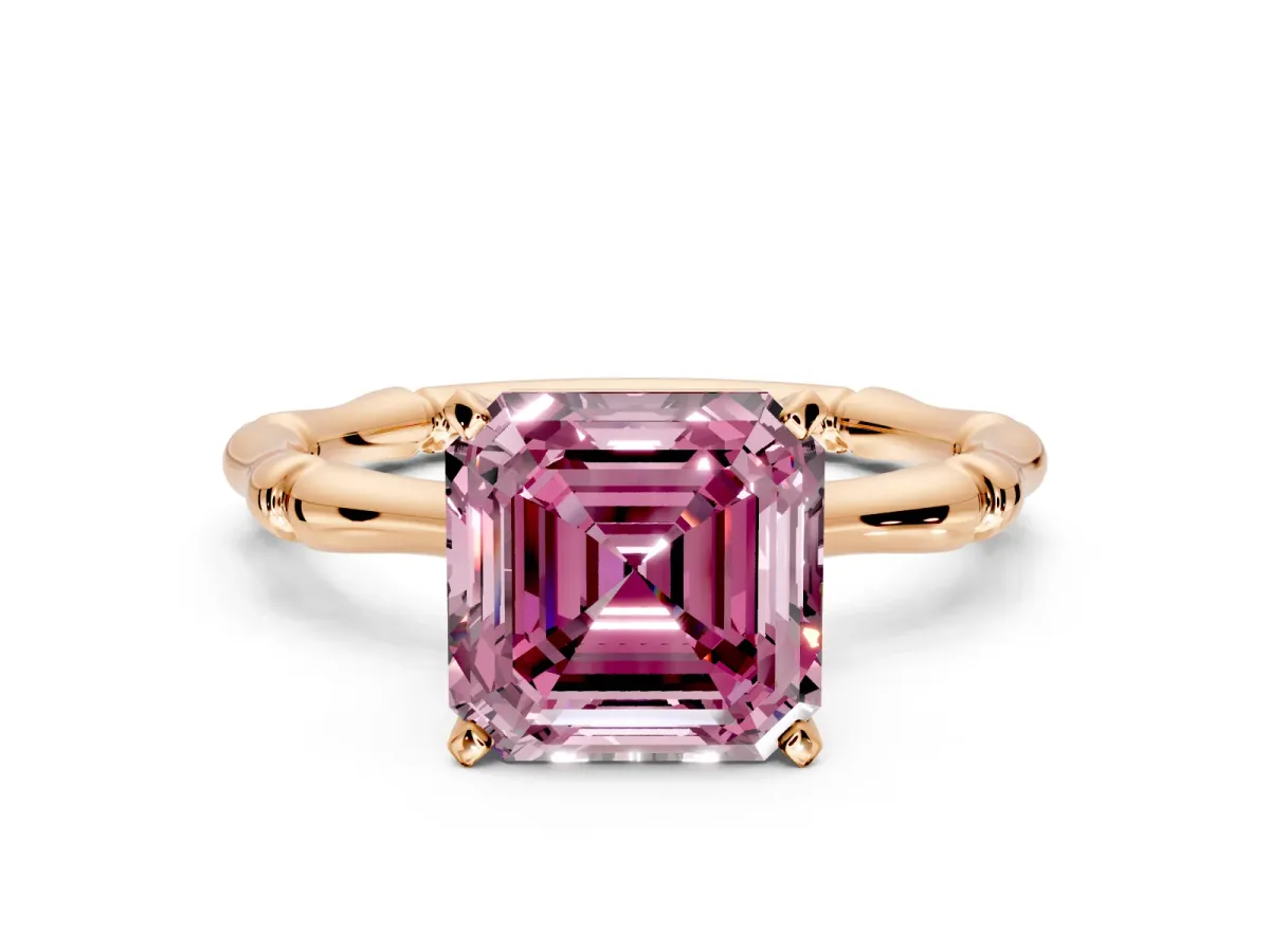 Solitaire Engagement Ring Setting for Fancy Pink Asscher Cut Center with Bamboo Band and Prong Head in Rose Gold