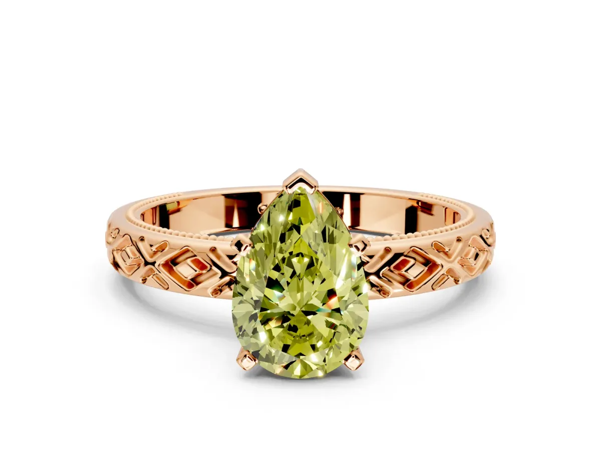 Solitaire Engagement Ring Setting for Fancy Yellow Pear-Shaped Center with Milgrain X Pattern Band and Prong Head in Rose Gold