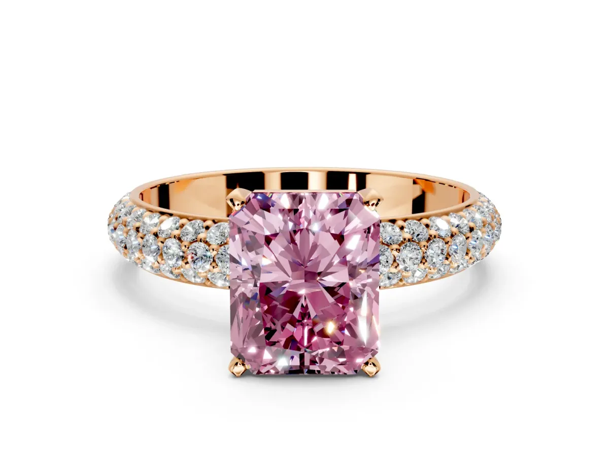 Solitaire Engagement Ring Setting for Fancy Pink Radiant Cut Center with Domed Multi-Row Pave Band and Prong Head in Rose Gold