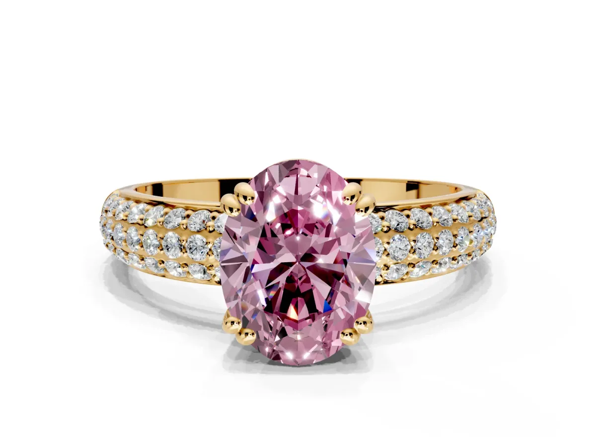 Solitaire Engagement Ring Setting for Fancy Pink Oval Center with Multi-Row Pave Accents and Basket Head in Yellow Gold