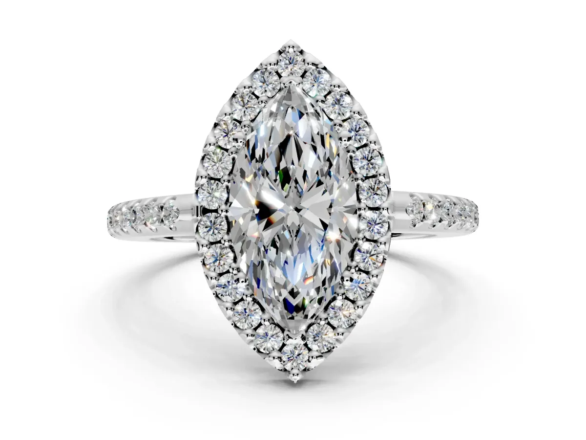 Pave Halo Engagement Ring Setting for Marquise Center with Single Row Pave Band and Prong Head in Sterling Silver